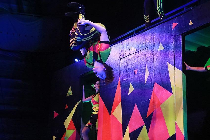 Bryce Griggs flips onto the trampoline.