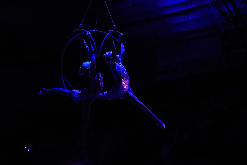 Kaya Burgess and Addie van Wowern perform an aerial act.