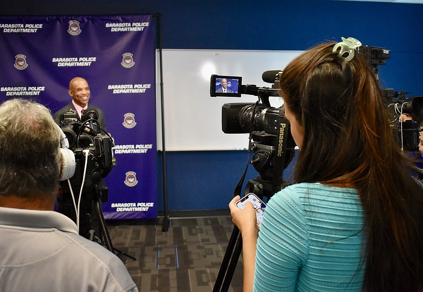City Manager Marlon Brown addresses the media after the swearing-in ceremony.