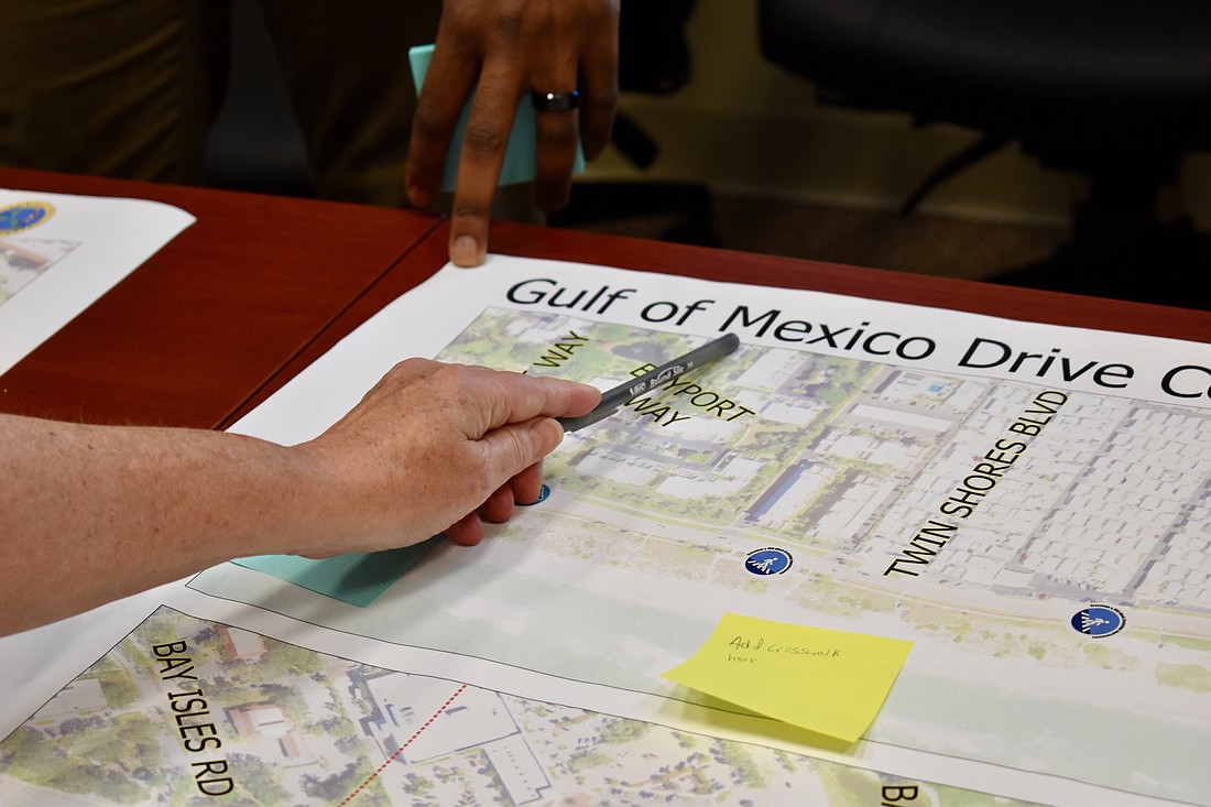Some participants used sticky notes to indicate where and what kind of improvement they were suggesting for Gulf of Mexico Drive.