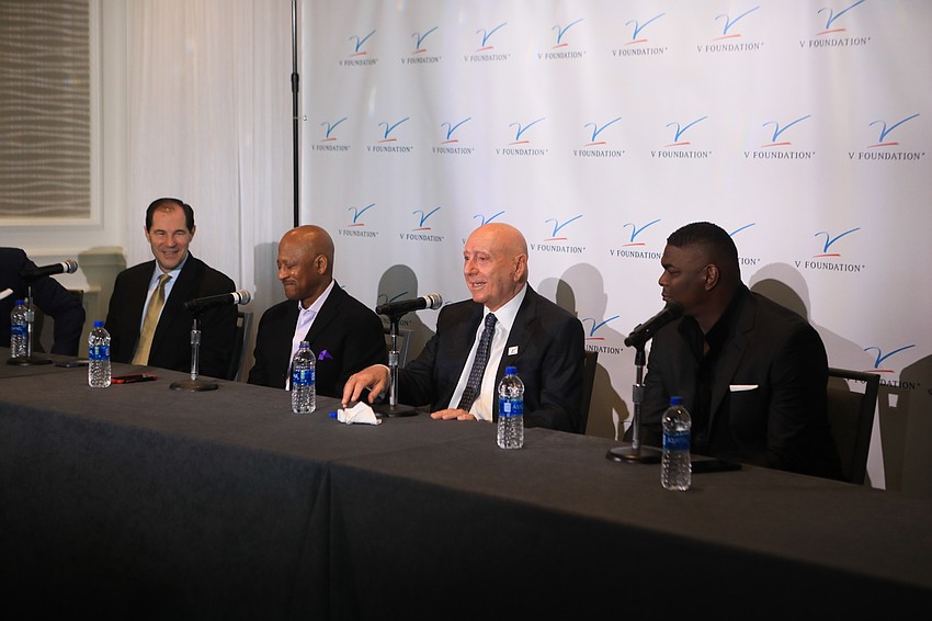 Dick Vitale speaks at the pre-event news conference.