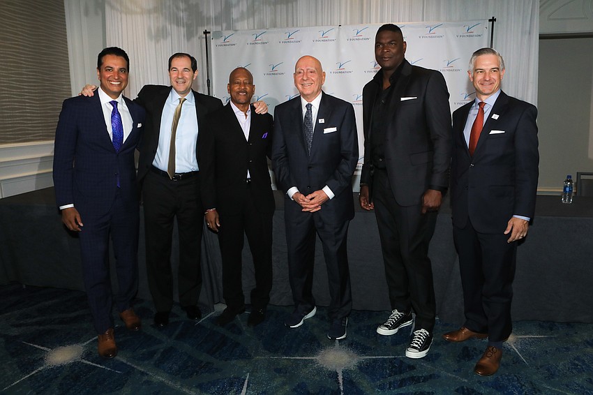 Kevin Negandhi, honorees Scott Drew and Rod Gilmore, Dick Vitale, honoree Keyshawn Johnson and V Foundation CEO Shane Jacobson