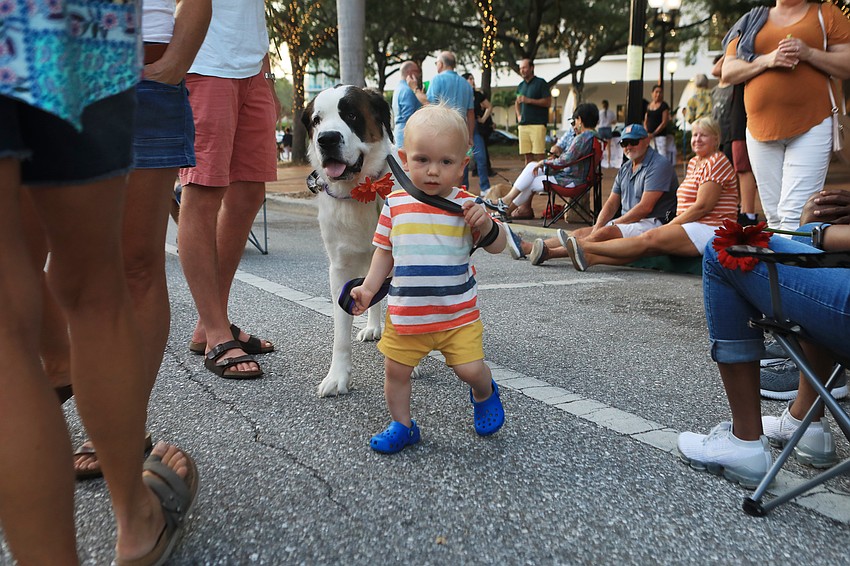 Jack Champagne leads Ivy the dog around the park.