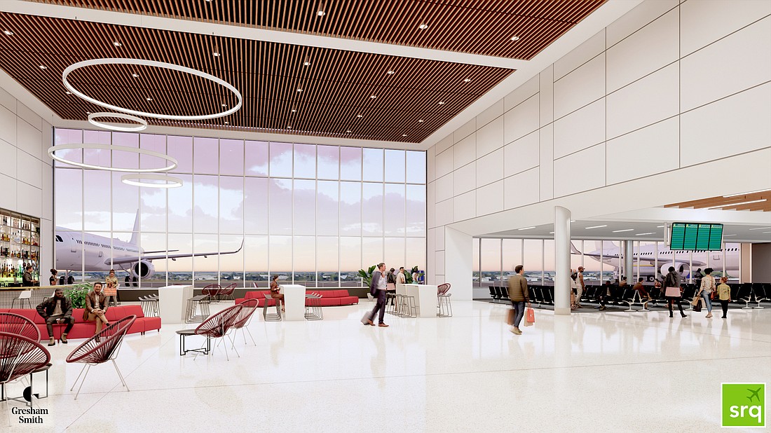 The planned Concourse B at Sarasota Bradenton International Airport will connect to the terminal&#39;s ticketing area with a soaring ceiling and expansive windows. (Courtesy rendering)