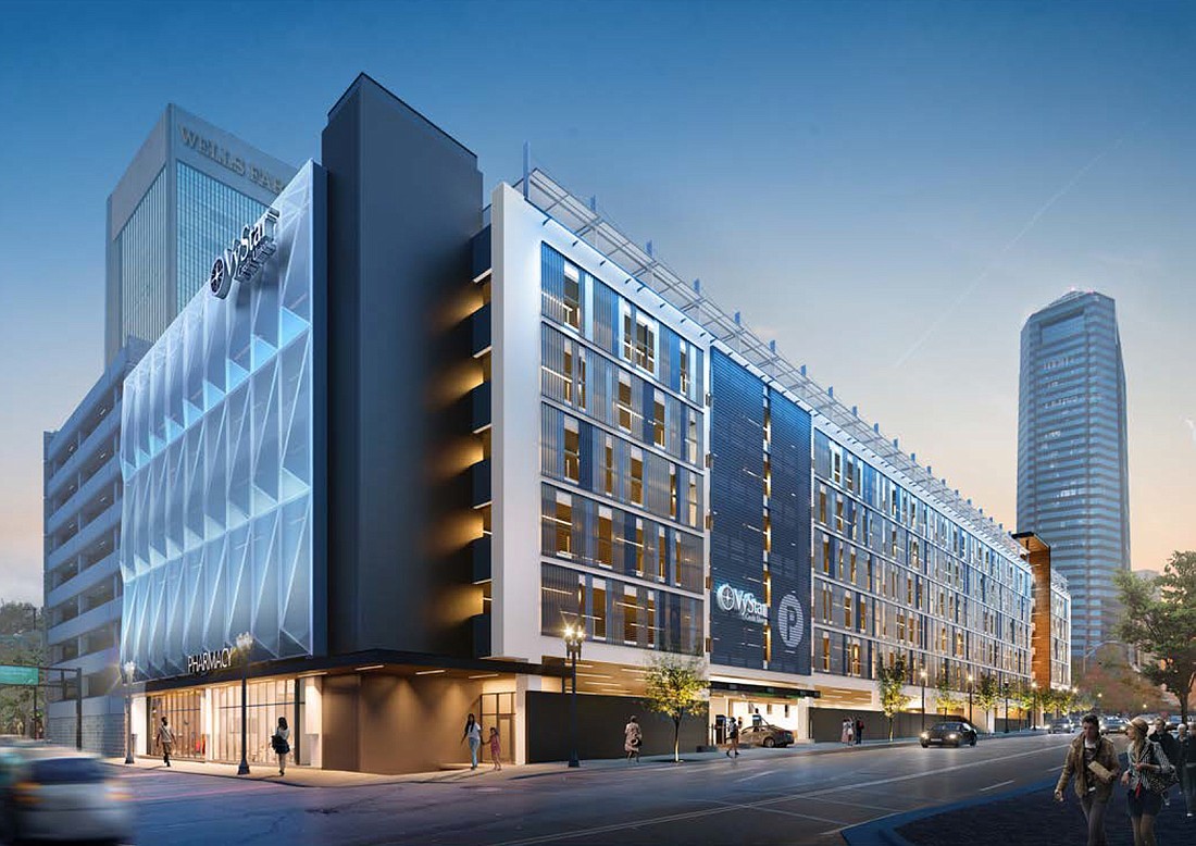 An artist rendering of the VyStar Credit Parking Garage under construction at 28 W. Forsyth St.,  Downtown.