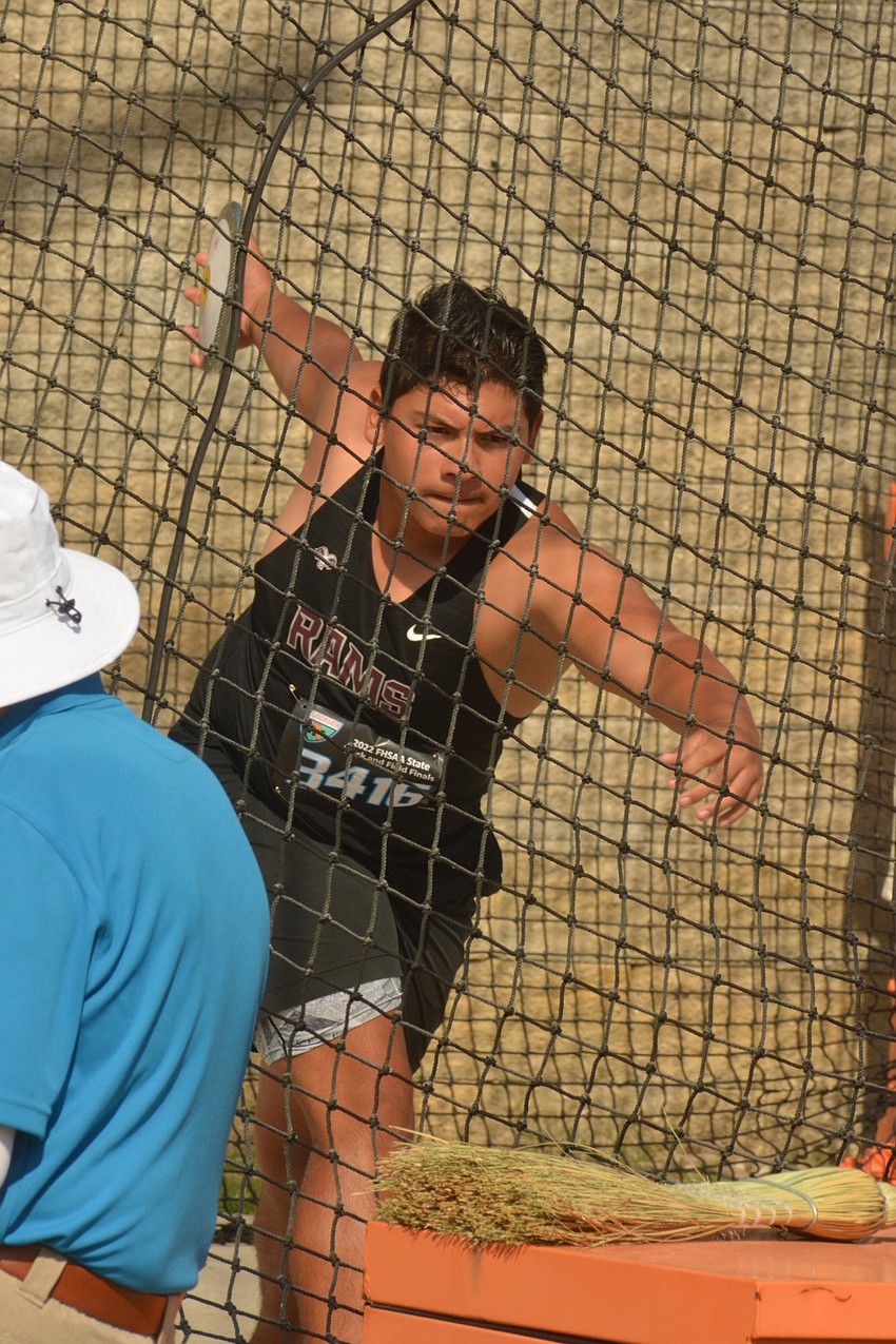 Riverview High sophomore prepares to throw during the FHSAA Class 4A boys discus. Castaneda finished 12th (141 feet, three inches).