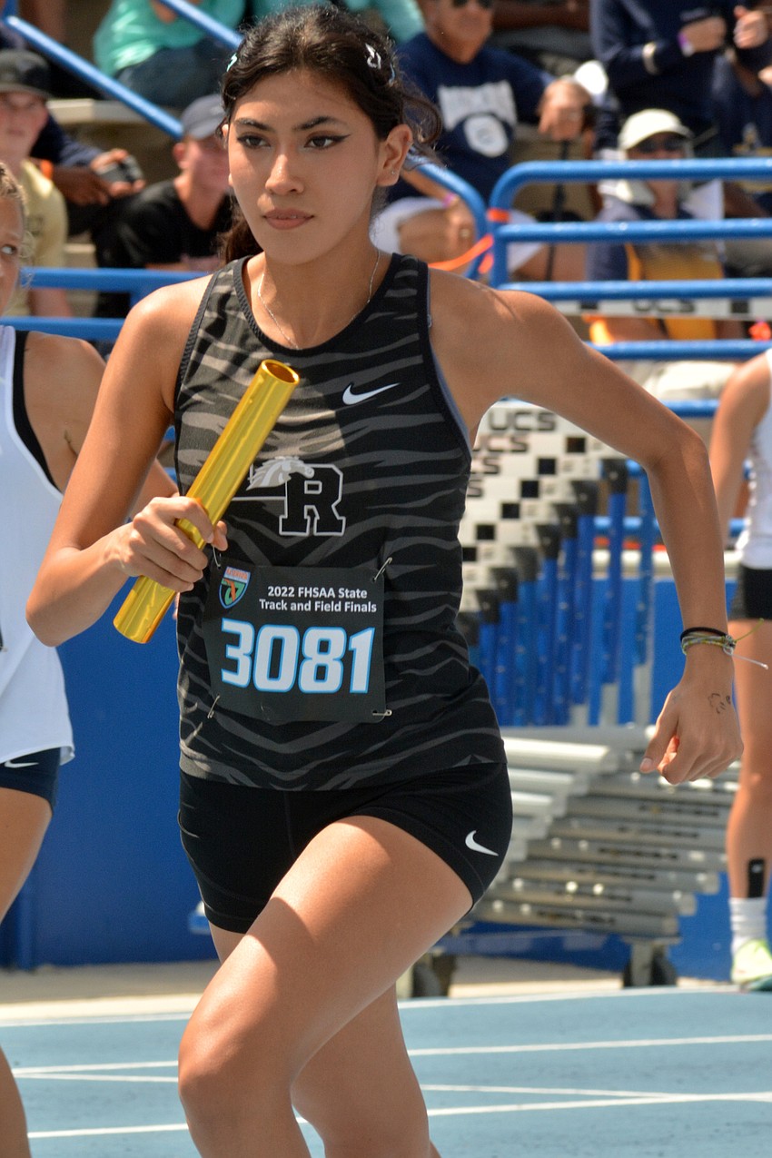 Lakewood Ranch High senior Ariana Majano runs the second leg of the FHSAA Class 4A girls 4x800 relay for the Mustangs, who finished eighth (9:41.10).