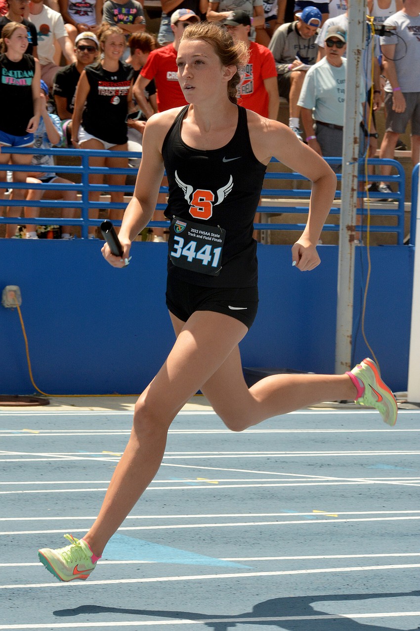 Sarasota High junior Ella Menke runs the opening leg of the Class 4A girls 4x800 relay at the FHSAA state championships. Menke and the Sailors finished 11th (9:50.40).