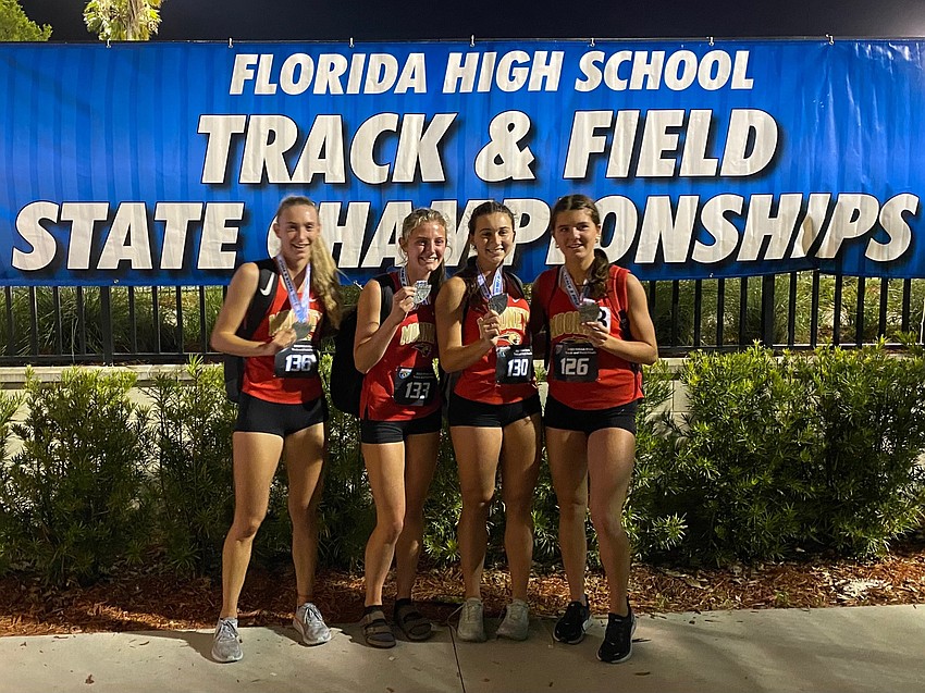 Cardinal Mooney High's Margaret Videnka, Hallie Monserez, Sally Koscho and Avery Beach finished sixth in the Class 1A girls 4x400 relay (4:10.23) at the FHSAA state championships. Photo via Sean Koscho.
