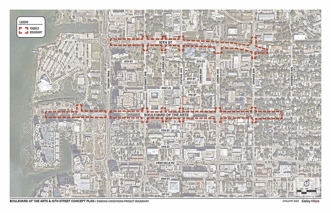 Open house sessions on the complete streets concepts will be held May 23 for 10th Street (upper, outlined in red) and Boulevard of the Arts.
