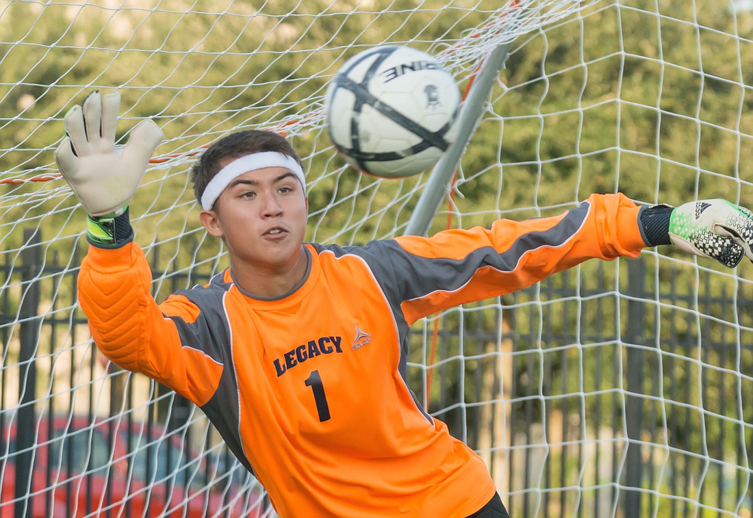 Legacy goalie Miles Moyer had 6 saves in a shutout victory Jan. 12 against Jones High. Courtesy photo.