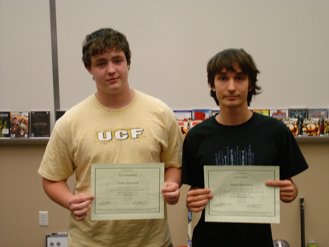 Trinity Preparatory School's Sam Savitz and Travis Frederick won second place at the Computer Science Programming Contest at Stetson University on Nov. 20.
