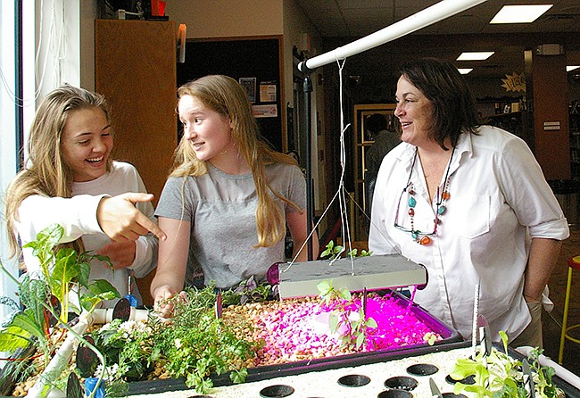 Photo by: Shana Medel - Ginger Carter, right of center, gives freshman students a lesson in hydroponics at the Winter Park High School Ninth Grade Center's media center, where a new hydroponics garden has been installed.