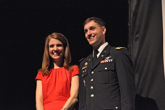 Photo by: Tim Freed - U.S. Army Lt. Chuck Nadd smiles for photos with his girlfriend Shannon Cantwell at a ceremony where he spoke at Trinity Prep School, his former school in Winter Park.