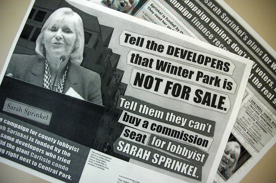 Photo by: Isaac Babcock - This anti-Sarah Sprinkel campaign mailer, sent out during the March 2011 election season, has aroused contention on the Winter Park City Commission.