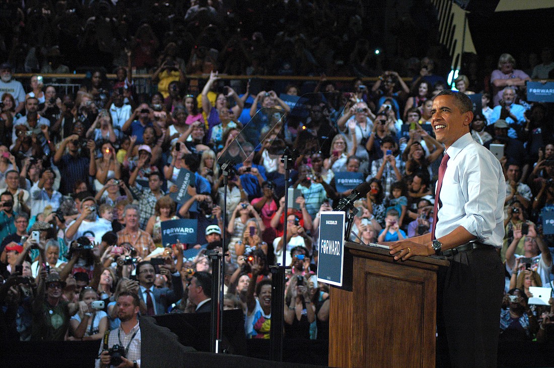 Photo by: Isaac Babcock - President Barack Obama greets the crowd at Rollins College Aug. 2.