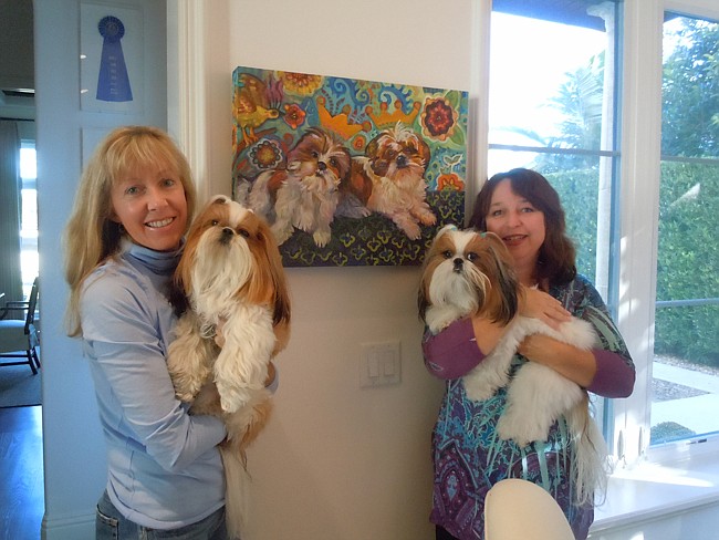 Photo by: Clyde Moore - Gena Semenov and Suzanne Lemons with Shih Tzu muses Jack and Annie.