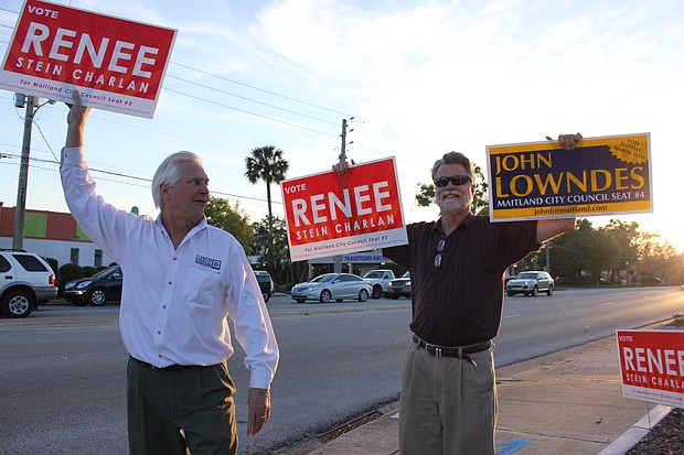 Photo by: Sarah Wilson - Maitland Mayor Howard Schieferdecker, right, and Councilman Jeff Flowers drew some ire after openly campaigning for Council candidates.