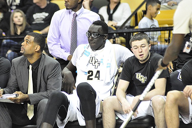 Photo by: Isaac Babcock - The Knights' 7-foot 6-inch center Tacko Fall wasn't much help despite a game that leaned defensive against UConn on Sunday.