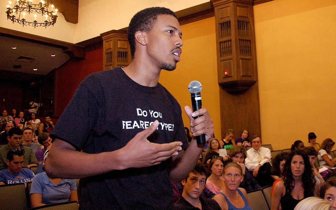 Photo by: Isaac Babcock - Student Michael Cardwell airs his concerns at a public forum on March 24. Read the editorial for yourself at http://tinyurl.com/sandspurillegalbabies