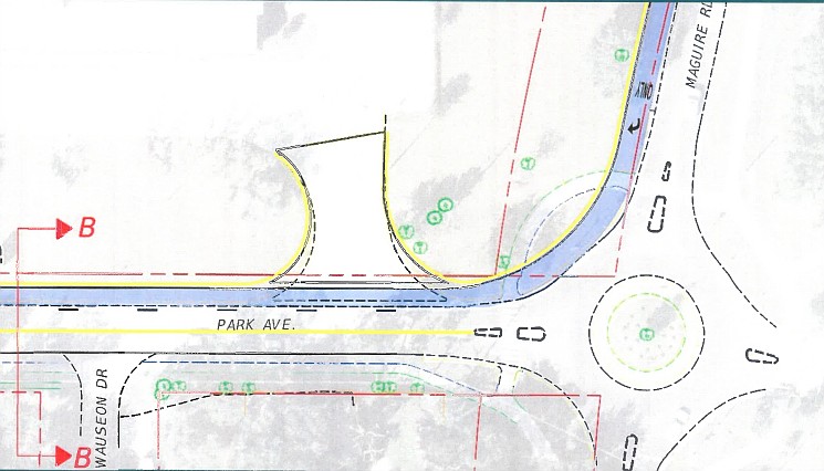 The blue color on this diagram shows the expansion of Park Avenue to the north, toward school property. Sidewalks and three driveways will be reconstructed in the process.