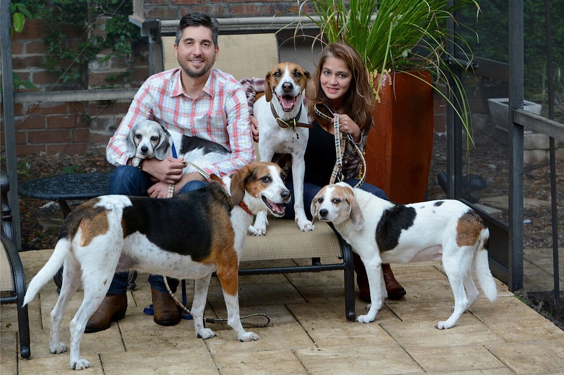 Franklin&#39; s Friends founders Anthony Douglas and Monisha Seth with their rescued dogs.