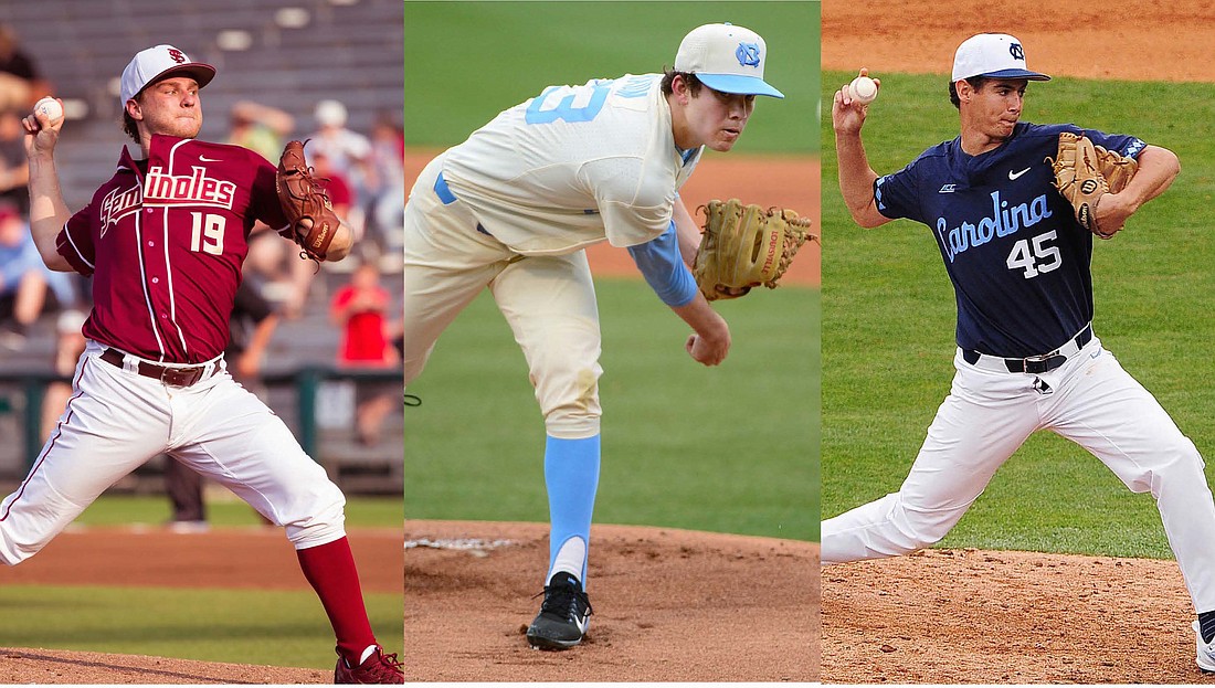 Andrew Karp, left, Tyler Baum and Austin Bergner each pitched during the ACC Championship Game May 28. Courtesy FSU Athletics and UNC Athletics
