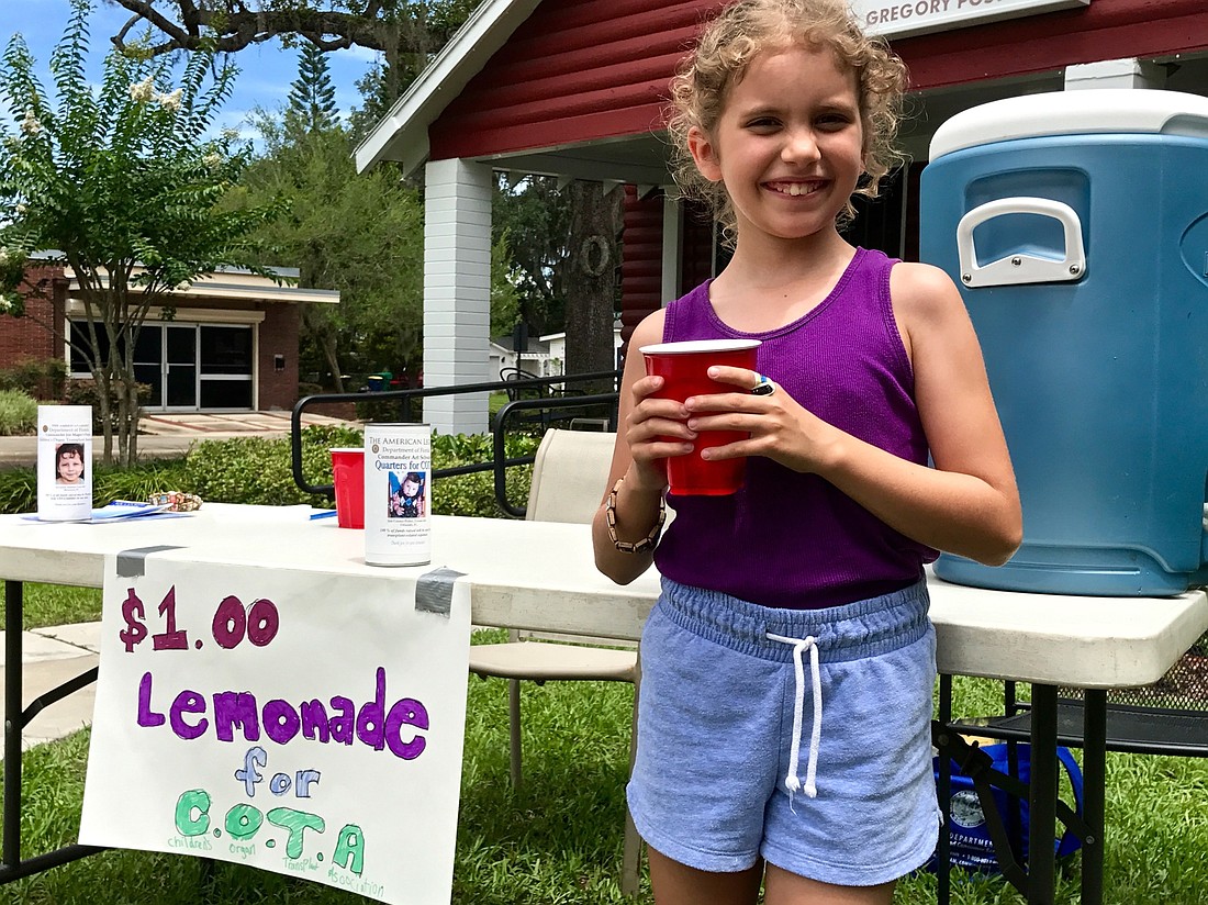 Daphne Bray has a lemonade stand set up on Wednesdays in front of American Legion Post 63 in downtown Winter Garden to raise money for the Childrenâ€™s Organ Transplant Association.