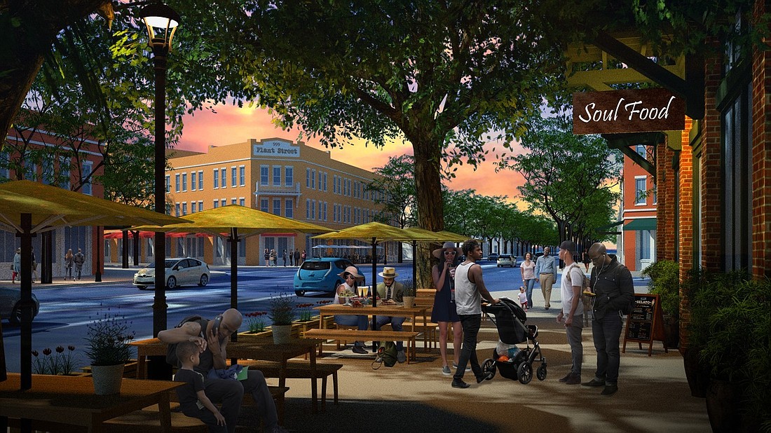 A rendering shows an updated east Winter Garden with wide sidewalks and outdoor cafes.