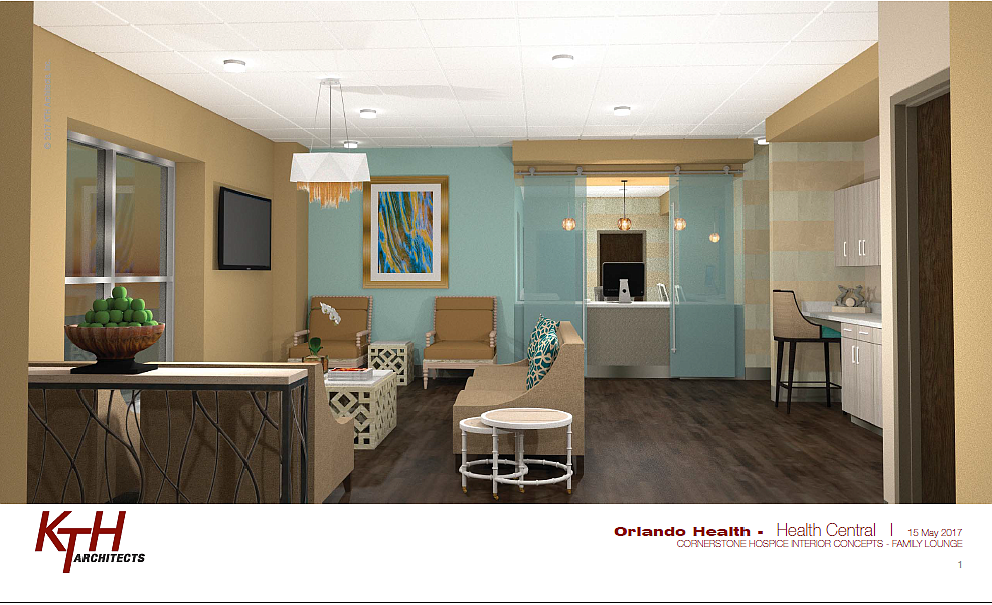 A rendering of a family lounge at the future Cornerstone Hospice Care Unit.