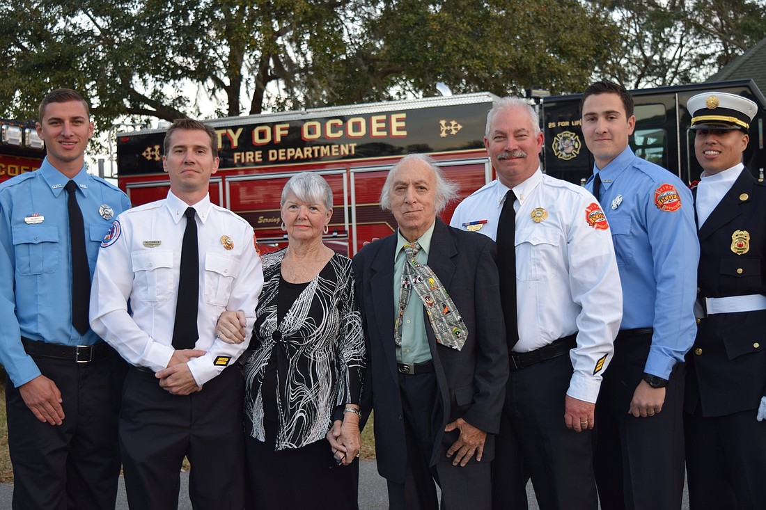 Connor Heiskell, Lt. Colin McCormick, Irene Simon, Alex Simon, Lt. Tom Smothers, Bronson Fernandez and Juan Rivera met for the first time at the Ocoee Fire Department Awards Ceremony held Jan. 25 at the Ocoee Lakeshore Center.