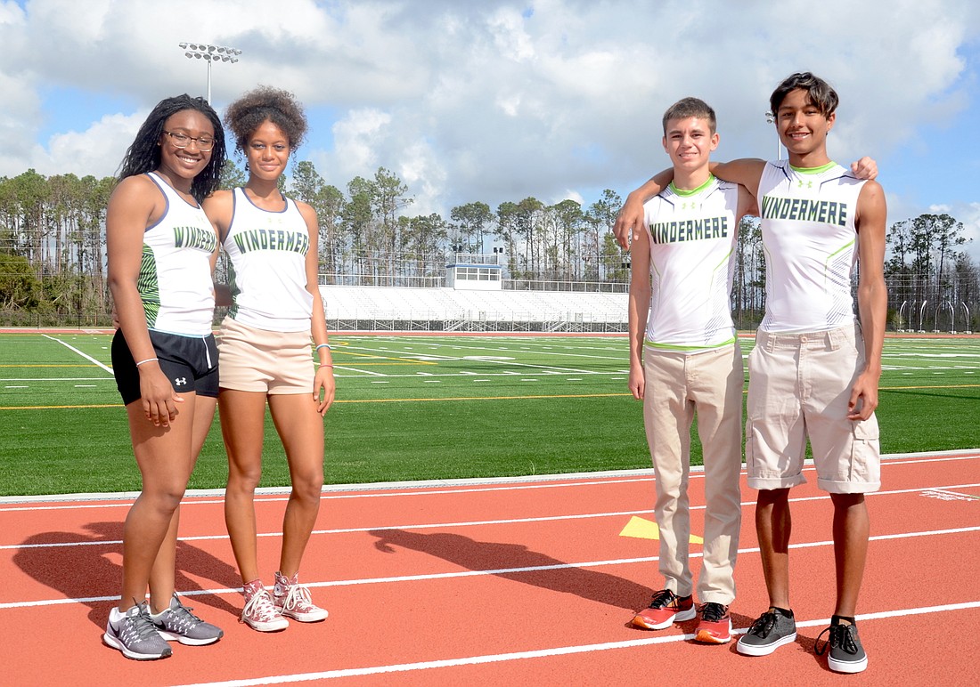 Windermere High track athletes Jade Blake, left, Amaya Ugarte, Noah Ellenback and Onix Ortiz are proud to have a stadium to call home.
