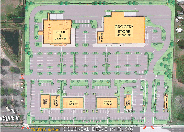 The concept plan for the 18.25-acre commercial and retail center, which would be located at 14120 W. Colonial Drive.