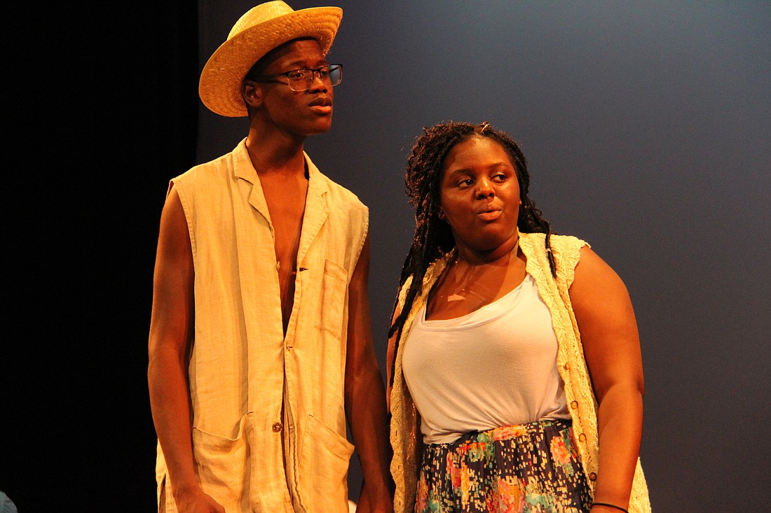 Kervin Medard, left, and Ventrice Hinds performed a scene during rehearsals for â€œOnce on This Island.â€
