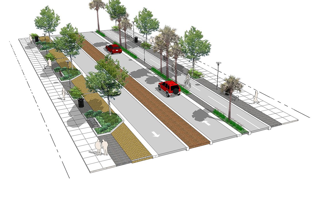 A Toole Design Group engineer presented a conceptual design depicting the future of Dillard Street. The roadway is proposed to be retrofitted into a three-lane roadway, with one northbound and southbound lane and turn lanes.