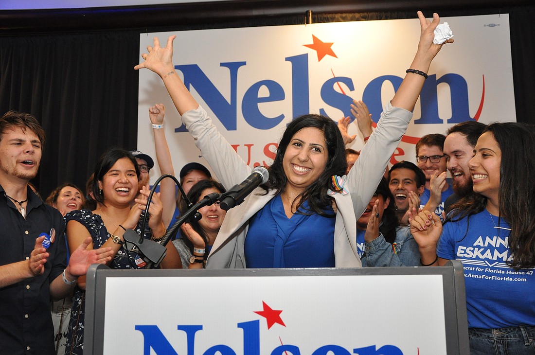 Democrat Anna Eskamani celebrated her victory amidst a crowd of supporters at the Embassy Suites in downtown Orlando.