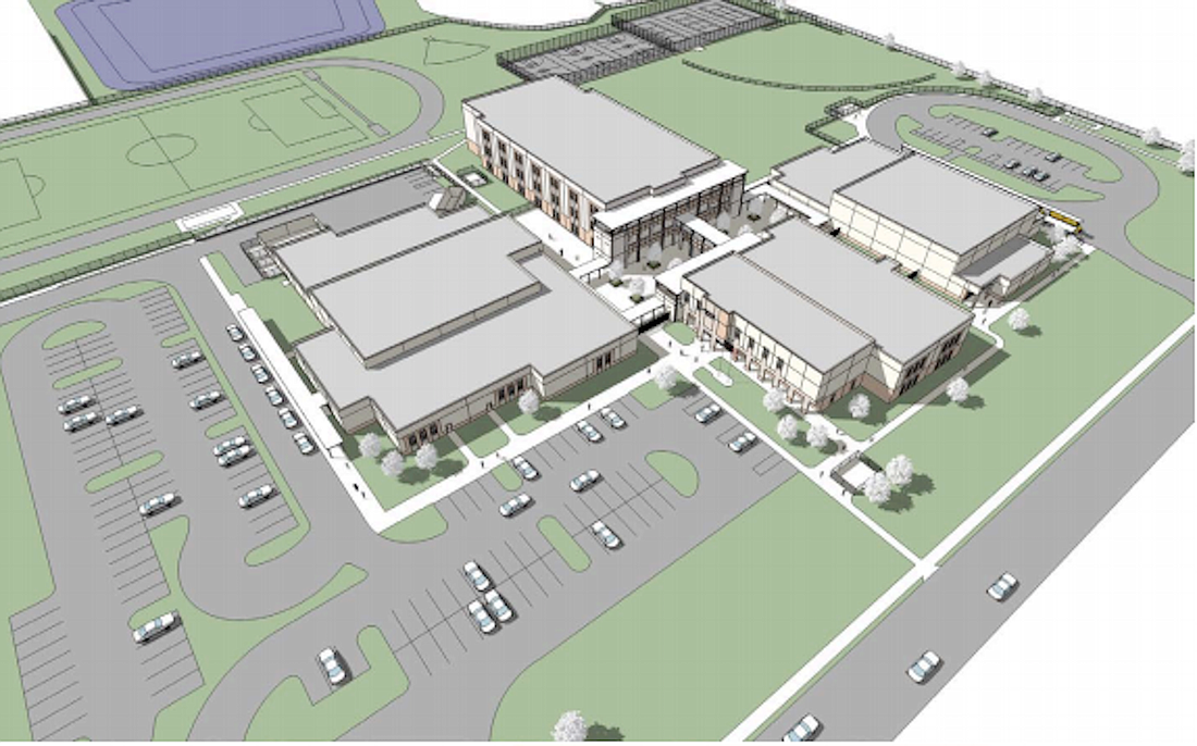 An aerial rendering shows the design the middle school Site 37-M-SW-4.