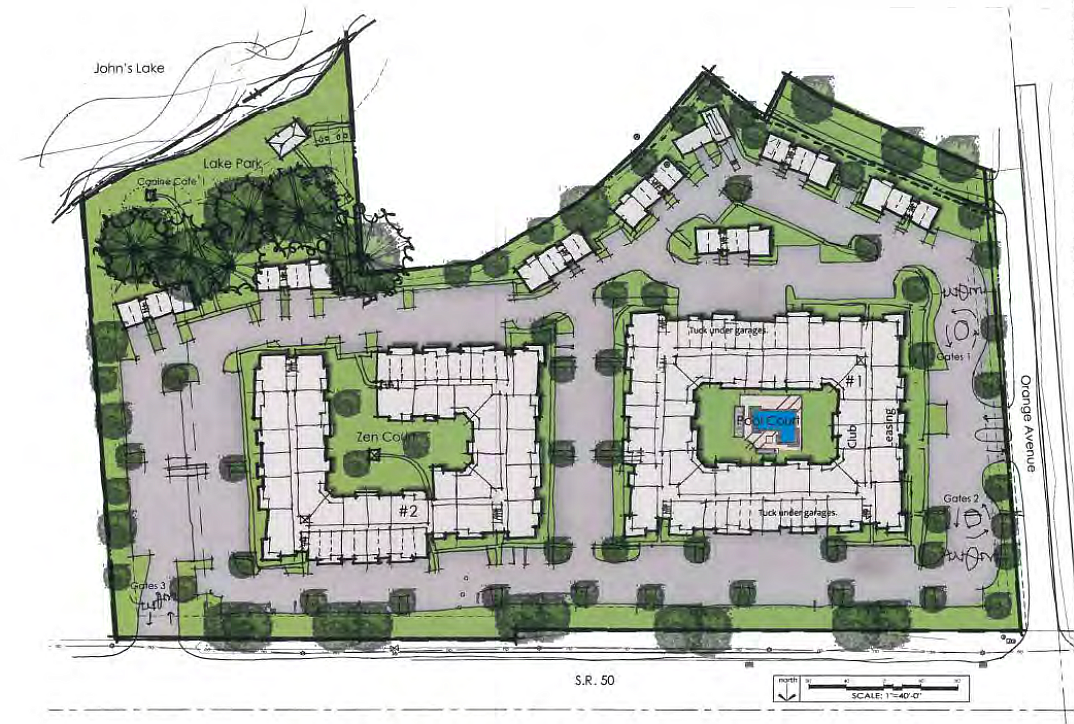 The site plan for the apartment complex shows two access points. (Image courtesy of the Town of Oakland)