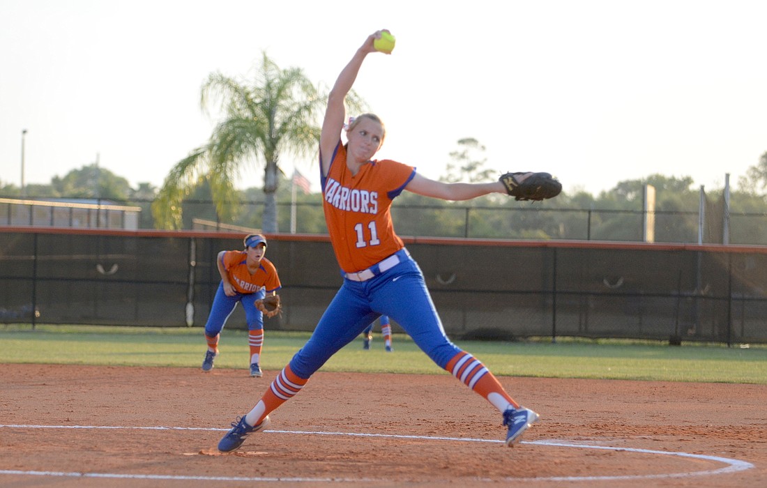 Lauren Mathis pitched a one-hitter in leading the Warriors to a 2-0 victory against Spruce Creek April 29.