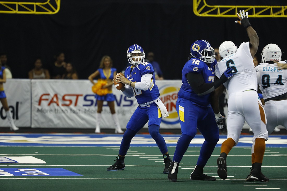 Jason Boltus is in his second season as the quarterback for the Tampa Bay Storm of the Arena Football League. Photo courtesy of Scott Audette / Tampa Bay Storm.
