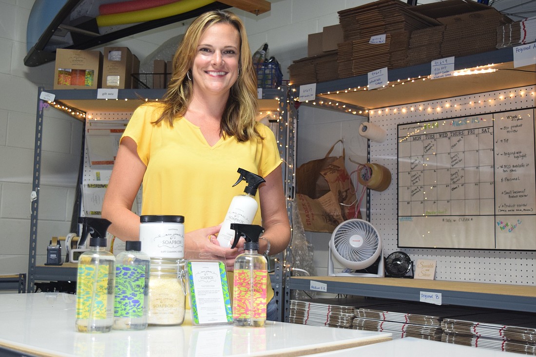 Jamie Jones, owner of Mrs. Jonesâ€™ Soapbox, makes her cleaning products in her garage-turned-workshop.