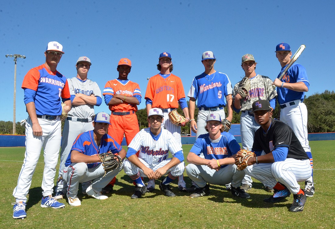 Upperclassmen on the West Orange baseball team show off a few of the team&#39;  s plentiful uniform combinations.