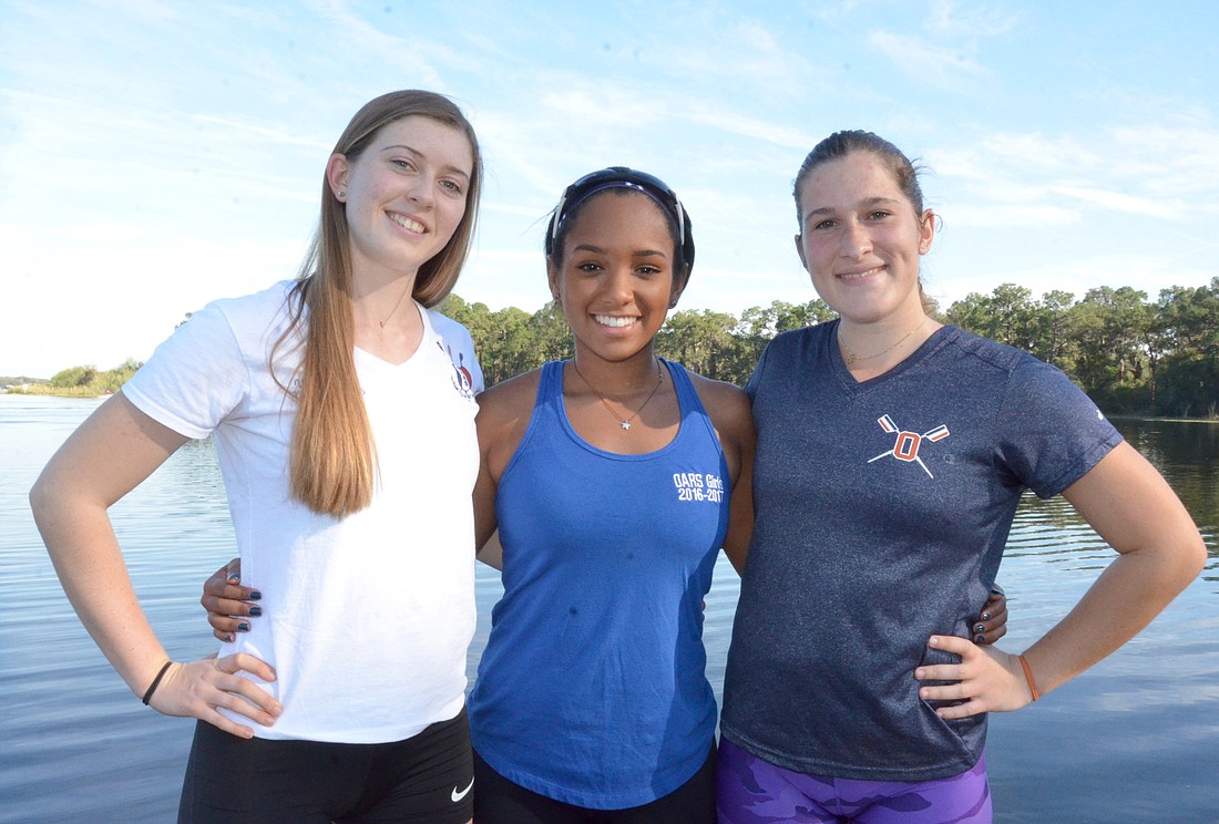 OARS seniors Jaimie Armitage, left, Gabi Heard and Allyson George are excited for one last season with their teammates in the Windermere-based program.