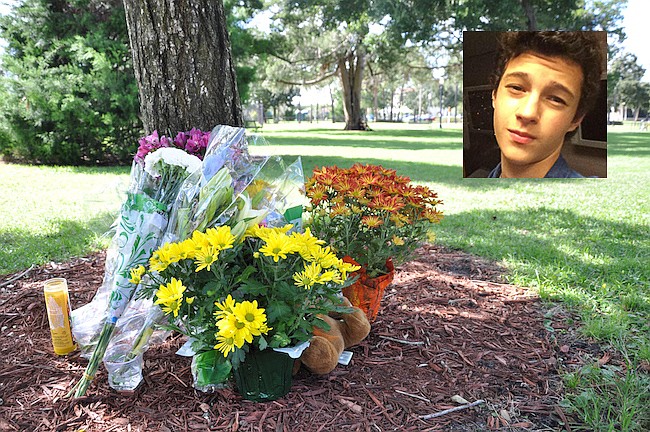 Inset photo courtesy Facebook - A memorial is growing in Winter Park's Central Park following the death of Roger Trindade, 15.