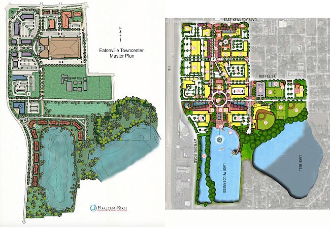 Photo: Renderings courtesy of Essian Construction LLC and UP Development - Two visions for Eatonville's Hungerford School property were presented on Monday by Essian Construction LLC, left, and UP Development, right.