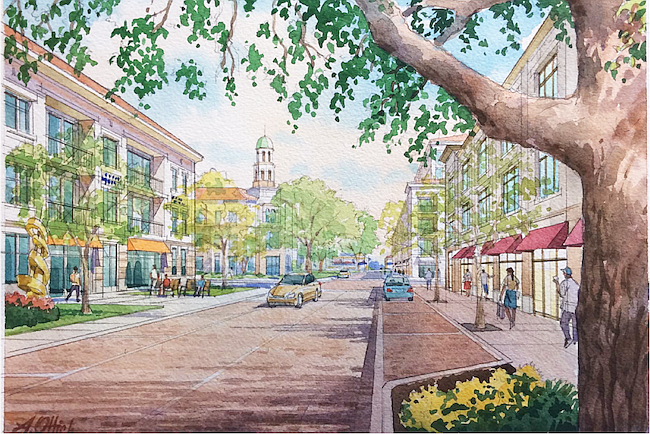 Photo: Rendering courtesy of GAI Consultants - A proposed transformation of Maitland's Independence Lane would feature wider sidewalks, a park and mixed-use development.