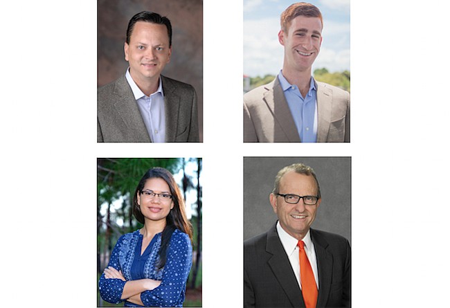 Photos courtesy of the candidates - Candidates Tim McKinney (top left), Gregory Eisenberg (top right), Emily Bonilla (bottom left), and Ted Edwards (bottom right) each hope to take the Orange County District 5 seat at the Primary Election on Aug. 30.