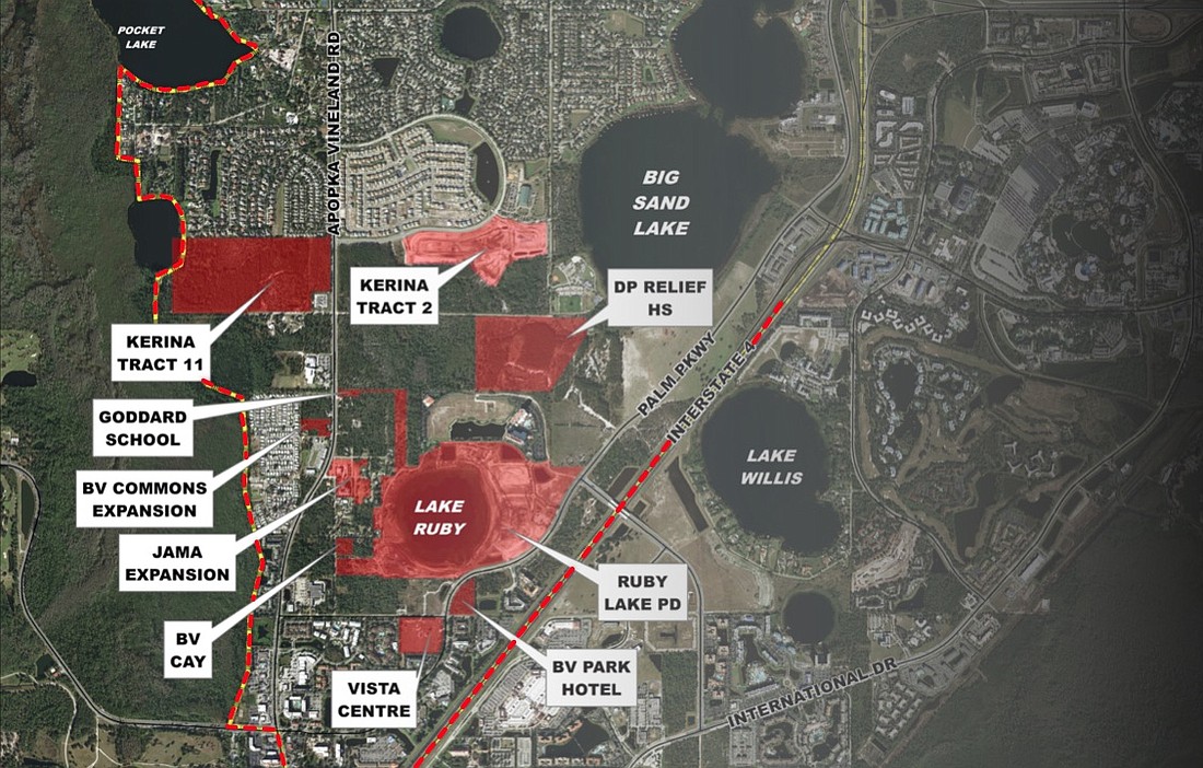 This map highlights development projects currently either under construction or in discussion in South Dr. Phillips.