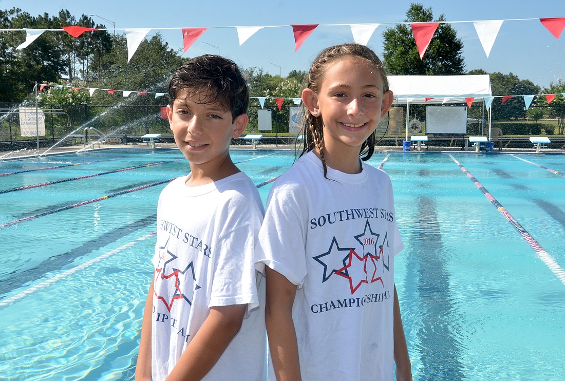 Nicholas â€œNicoâ€ Cecchi, left, and Ella Klyce â€” both 10 â€” helped propel the SouthWest Stars Swim Club to a second-place finish at the highly competitive Florida International Invitational.