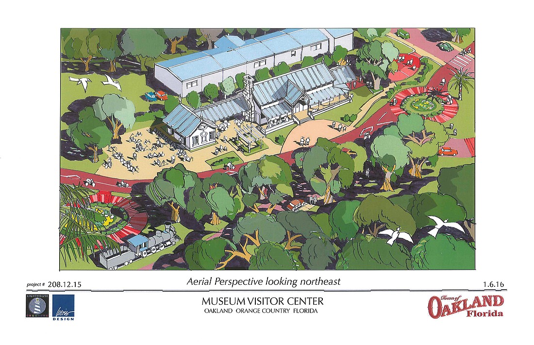 An aerial rendering, looking northeast, of the Oakland Art and History Center, which will sit north of the West Orange Trail. In the upper right corner is Tubb Street.